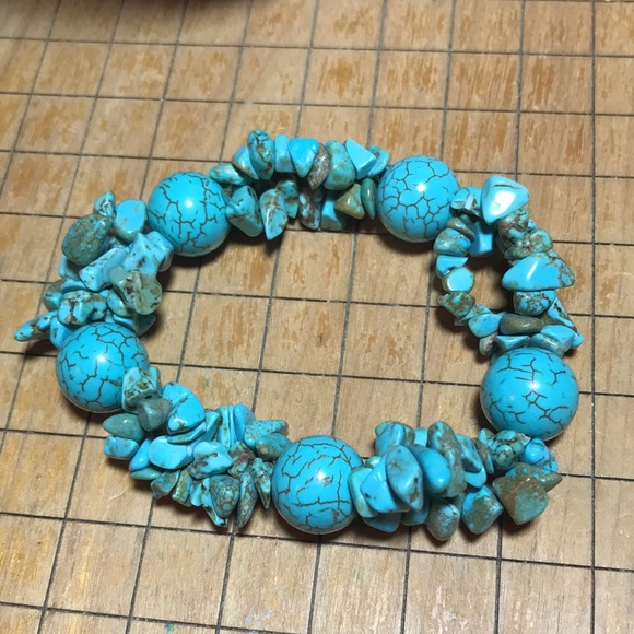 Turquoise Stone Nugget Chip, Pretty Dark Vein Ball Bead 7”L Bracelet EVC 70s 80s - Picture 10 of 11